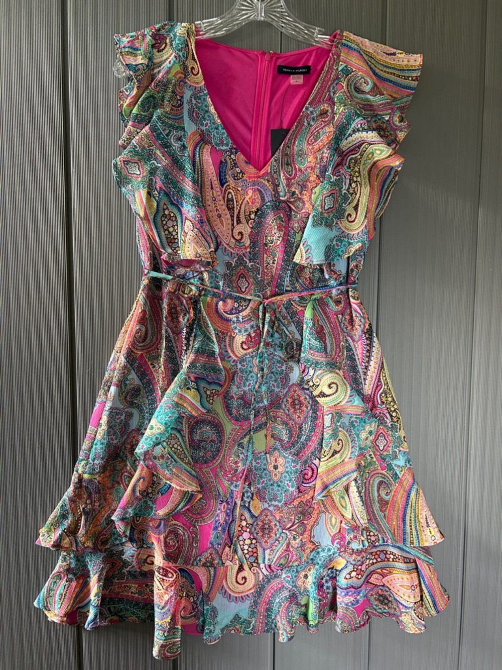 Tommy Hilfiger Paisley Flutter-Sleeve V-Neck Belted Mini Dress - Pink Multi